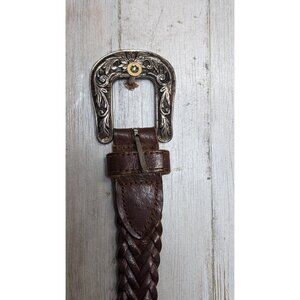 Vintage Fossil Woven Leather Belt Silver Flower Embellishments M L BOHO